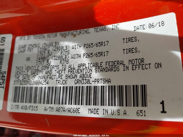 Toyota 2gr-fks 2018 5TFBZ5DN2JX004254 Image 9