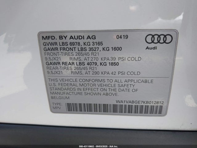 WA1VABGE7KB012812 Audi E-Tron