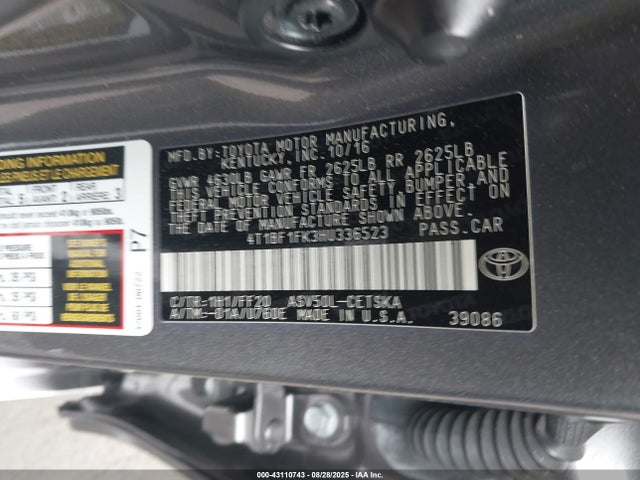 Toyota 2ar-fe 2017 4T1BF1FK3HU336523 Image 9