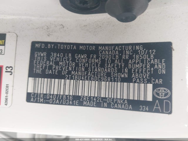 Продажа на аукционе авто 2013 Toyota Corolla Le, vin: 2T1BU4EE6DC968110, номер лота: 43110880