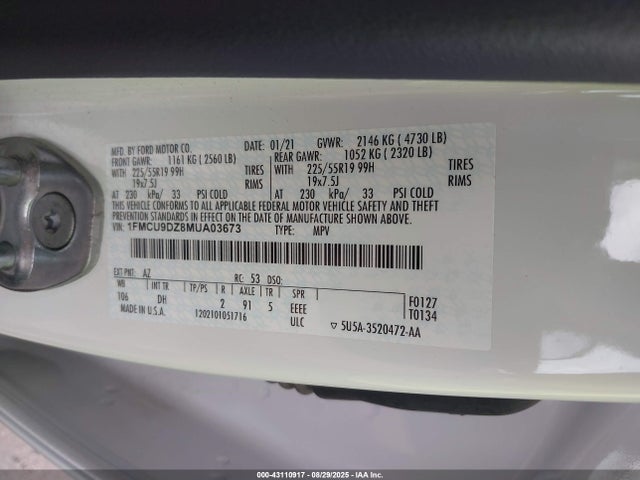 1FMCU9DZ8MUA03673 Ford hev/phev