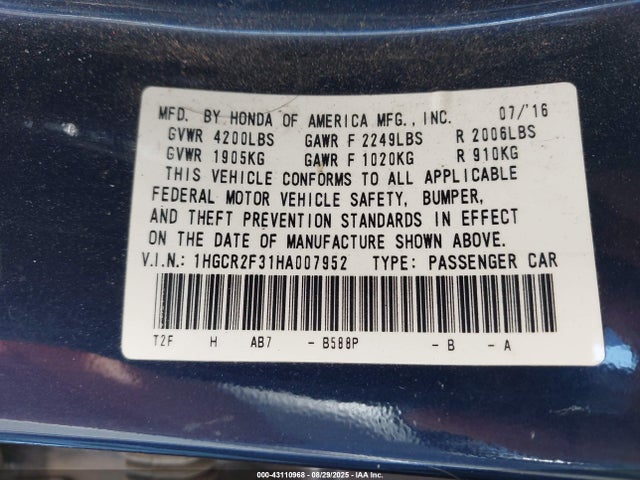 1HGCR2F31HA007952 Honda k24w1