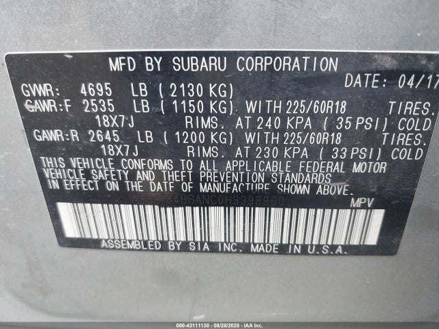 Subaru u5 2017 4S4BSANC0H3398960 Image 9