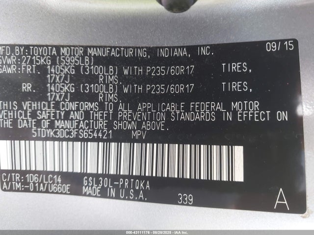 5TDYK3DC3FS654421 Toyota 2gr-fks