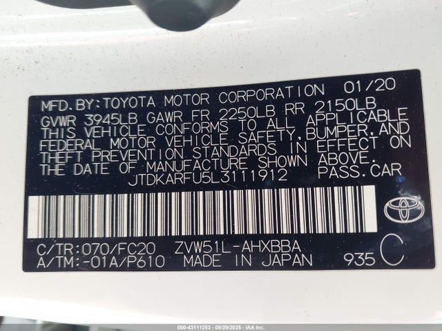 JTDKARFU5L3111912 Toyota 2zr-fxe,1nm+1mm