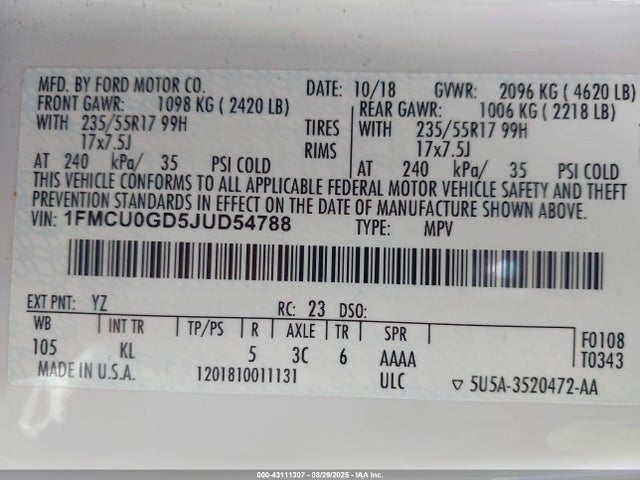1FMCU0GD5JUD54788 Ford 1.5l gtdi sigma w/premium fuel