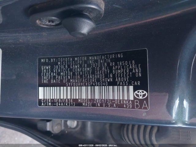 Toyota 2zr-fe 2016 5YFBURHEXGP496040 Image 9