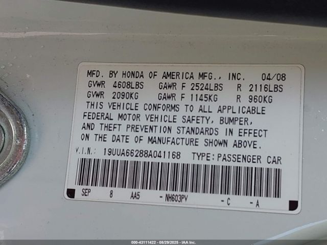 2008 ACURA TL 19UUA66288A041168 Photo 8