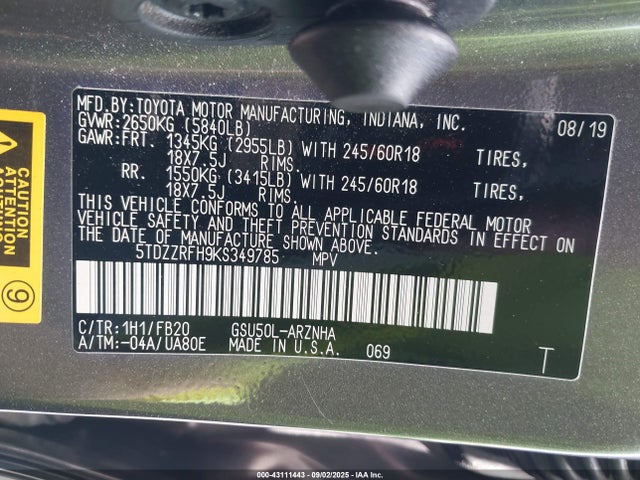5TDZZRFH9KS349785 Toyota 2gr-fks