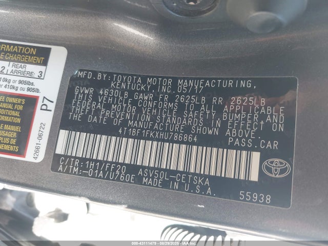 4T1BF1FKXHU786864 Toyota 2ar-fe