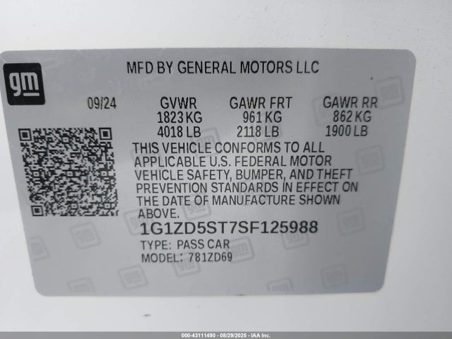 43111490 :رقم المزاد ، 1G1ZD5ST7SF125988 vin ، 2025 Chevrolet Malibu Fwd 1lt مزاد بيع