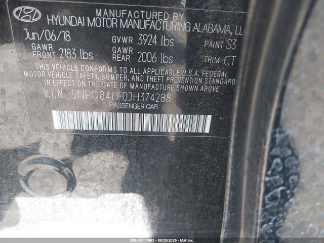 5NPD84LF0JH374288 Hyundai mpi nu