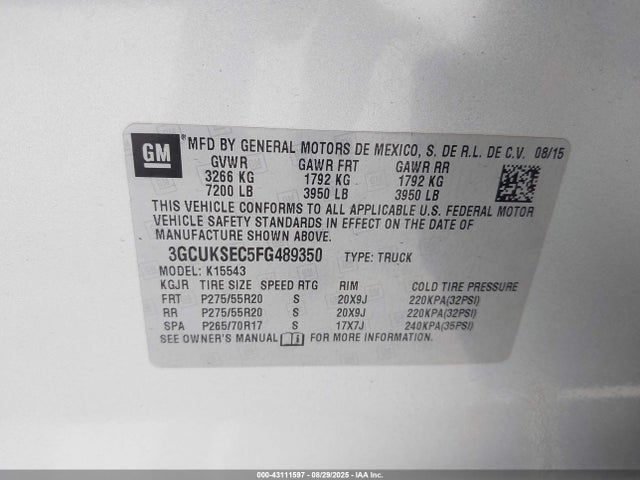 3GCUKSEC5FG489350 Chevrolet l83 - vvt, active fuel management, aluminum