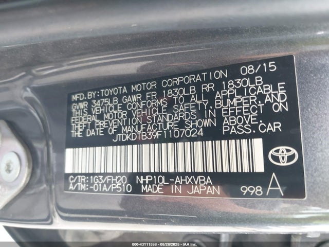 JTDKDTB39F1107024 Toyota 1nz-fxe+1lm
