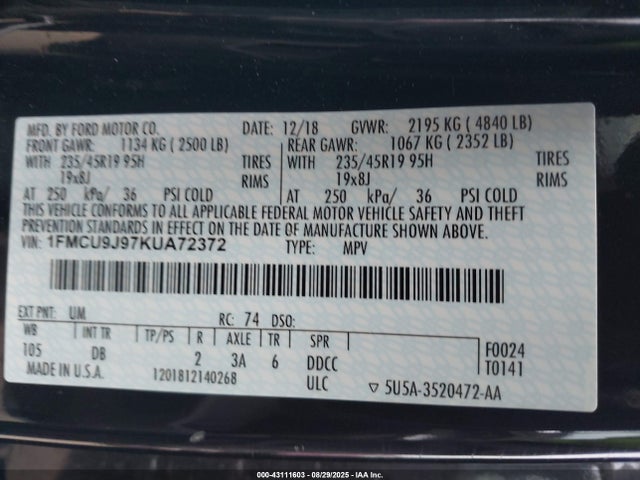 1FMCU9J97KUA72372 Ford Escape