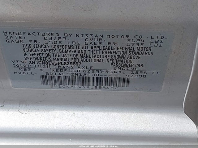 3N1CN8EV5PL829597 Nissan Versa