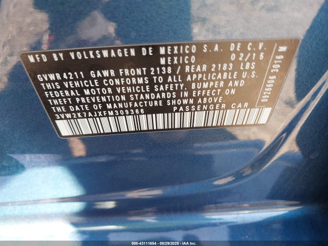 3VW2K7AJXFM309366 Volkswagen 2015