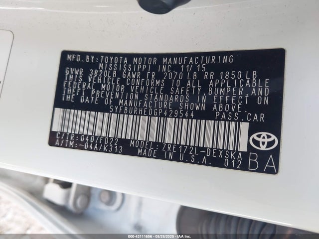 5YFBURHE0GP429544 Toyota 2zr-fe