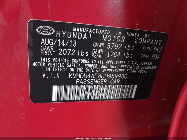 2013 Hyundai Elantra Gls მანქანა იყიდება აუქციონზე, vin: KMHDH4AE8DU959930, აუქციონის ნომერი: 43111663