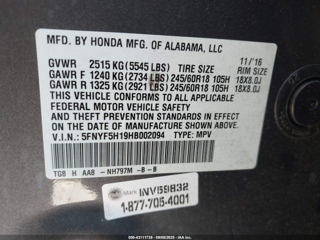 5FNYF5H19HB002094 Honda j35y6