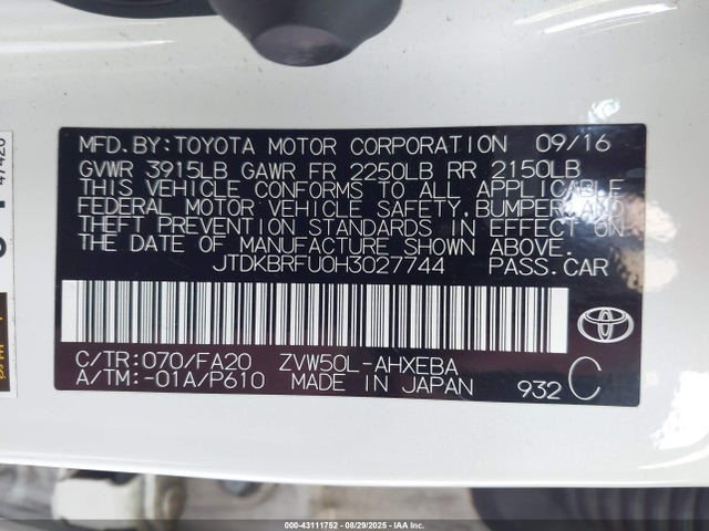 JTDKBRFU0H3027744 Toyota 2zr-fxe,1nm