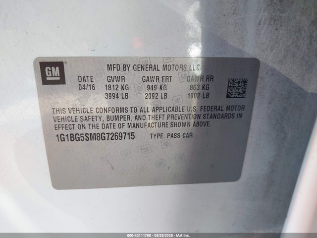 1G1BG5SM8G7269715 Chevrolet le2 - di: direct injection, alum, vvt, gen i, gmna
