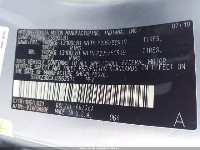 5TDXZ3DCXJS962511 Toyota 2gr-fks