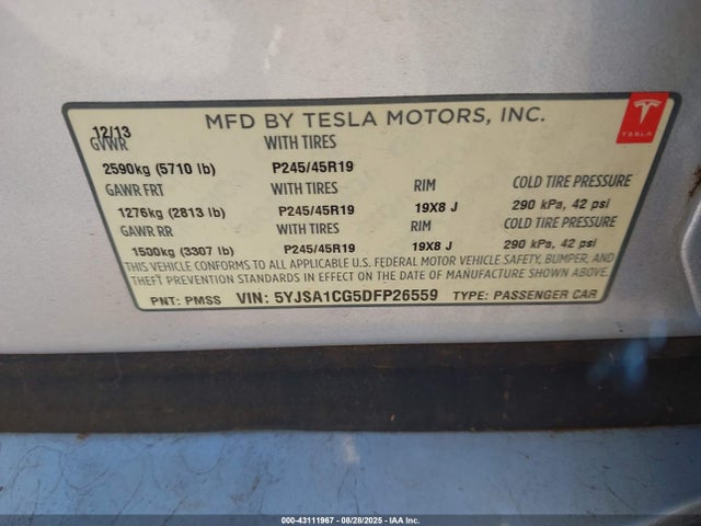 2013 TESLA MODEL S 5YJSA1CG5DFP26559 Photo 8