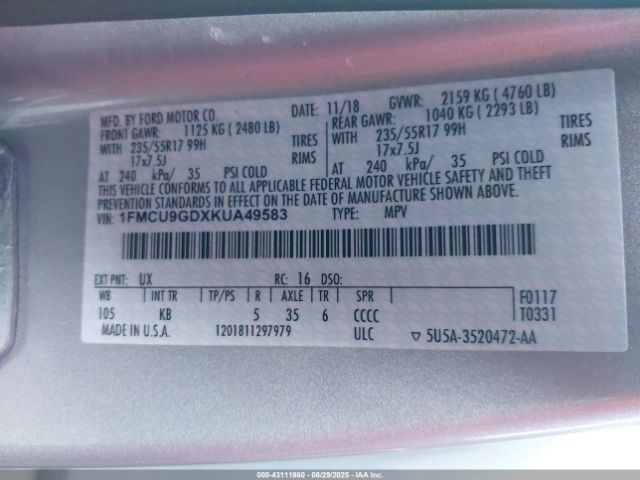 2019 FORD ESCAPE 1FMCU9GDXKUA49583 Photo 8