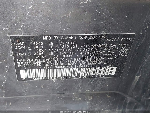 4S4WMAPD4K3460112 Subaru Ascent