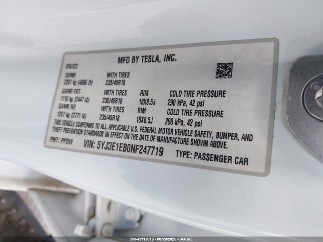 2022 TESLA MODEL 3 5YJ3E1EB0NF247719 Photo 8