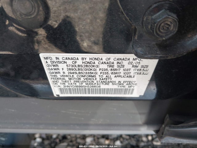 43112095 :رقم المزاد ، 2HNYD18995H526608 vin ، 2005 Acura Mdx مزاد بيع