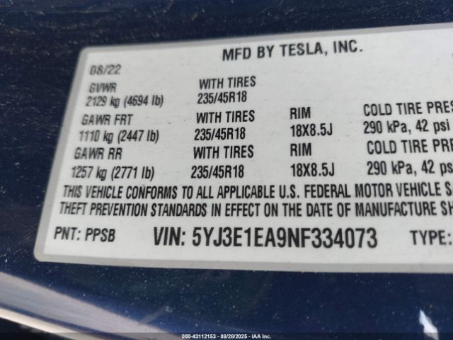 2022 TESLA MODEL 3 5YJ3E1EA9NF334073 Photo 8