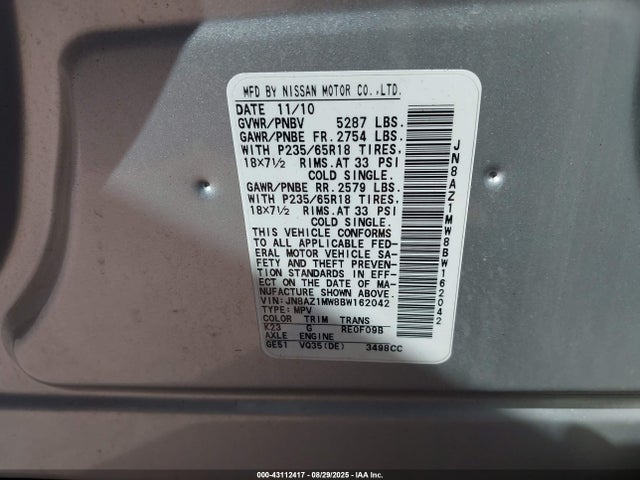 Aukcja sprzedaży 2011 Nissan Murano Sl, vin: JN8AZ1MW8BW162042, numer aukcji: 43112417