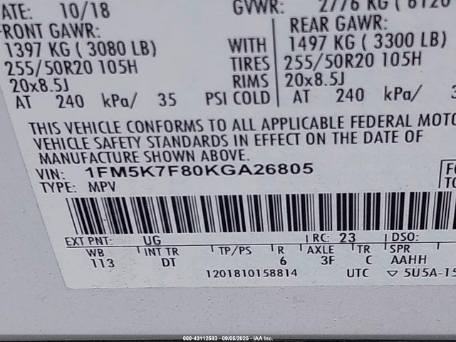1FM5K7F80KGA26805 Ford 3.5l ti-vct