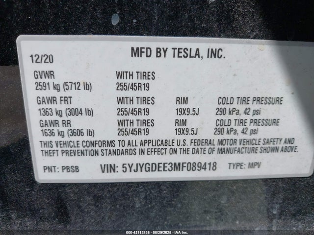 5YJYGDEE3MF089418 Tesla 2021