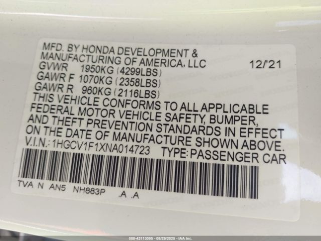 2022 HONDA ACCORD 1HGCV1F1XNA014723 Photo 8