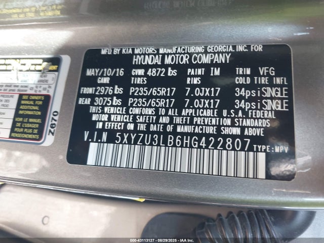 5XYZU3LB6HG422807 Hyundai gdi theta ii