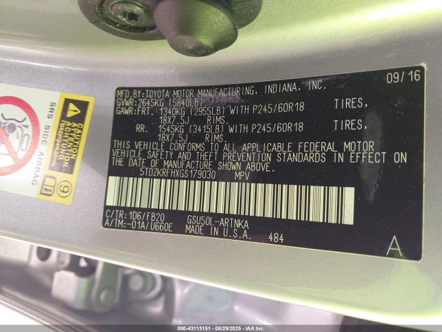 5TDZKRFHXGS179030 Toyota 2gr-fe