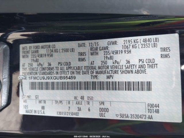 1FMCU9J9XGUB95459 Ford 2016