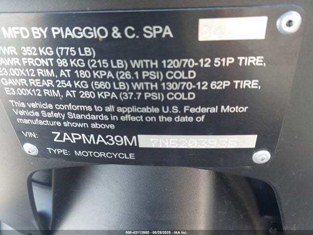 ZAPMA39M7N5203935 Vespa Euro4 Engine Ma36m