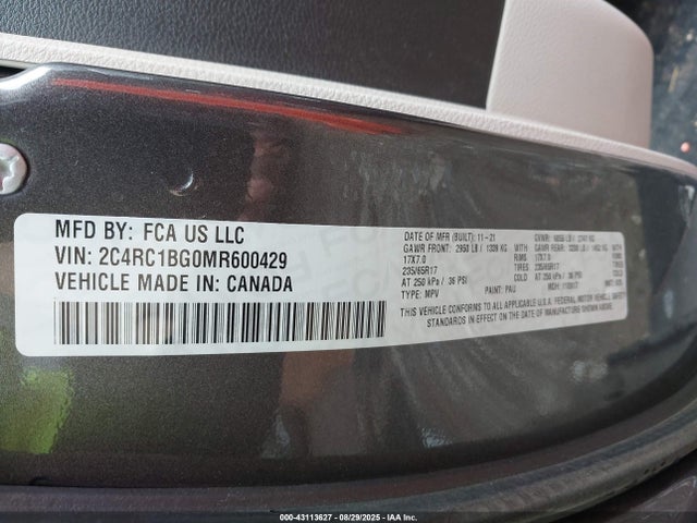Aukcja sprzedaży 2021 Chrysler Pacifica Touring L, vin: 2C4RC1BG0MR600429, numer aukcji: 43113627