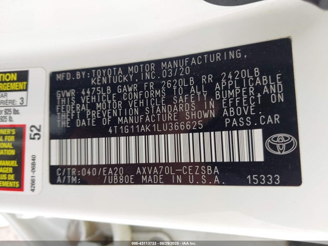 4T1G11AK1LU366625 Toyota a25a-fks