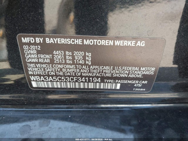 43113771 :رقم المزاد ، WBA3A5C53CF341194 vin ، 2012 Bmw 328i مزاد بيع