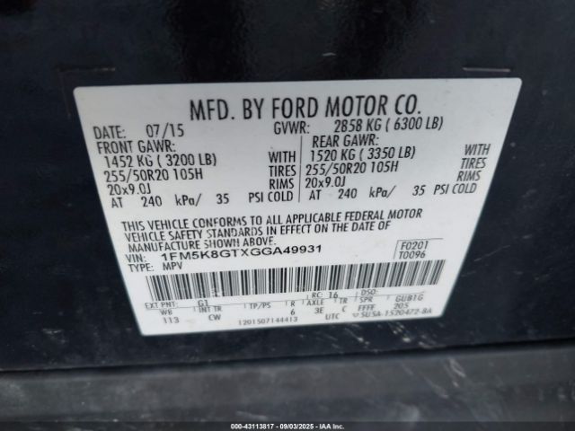 2016 FORD EXPLORER 1FM5K8GTXGGA49931 Photo 8