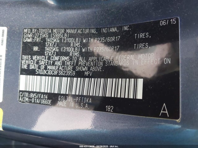 Toyota 2gr-fks 2015 5TDZK3DC8FS623959 Image 9