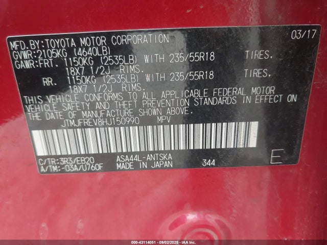JTMJFREV8HJ150990 Toyota 2ar-fe