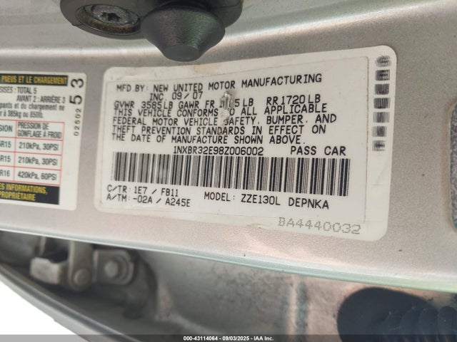 Продажа на аукционе авто 2008 Toyota Corolla Le, vin: 1NXBR32E98Z006002, номер лота: 43114064