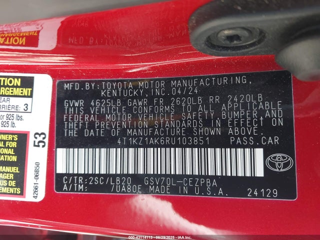 Aukcja sprzedaży 2024 Toyota Camry Xse V6, vin: 4T1KZ1AK6RU103851, numer aukcji: 43114113