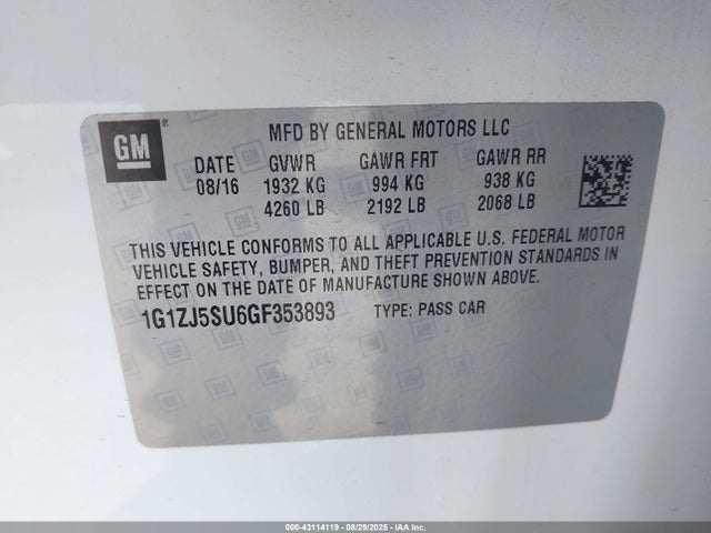 1G1ZJ5SU6GF353893 Chevrolet lkn - sidi, vvt, hybrid, fam 1, gen 4, gme